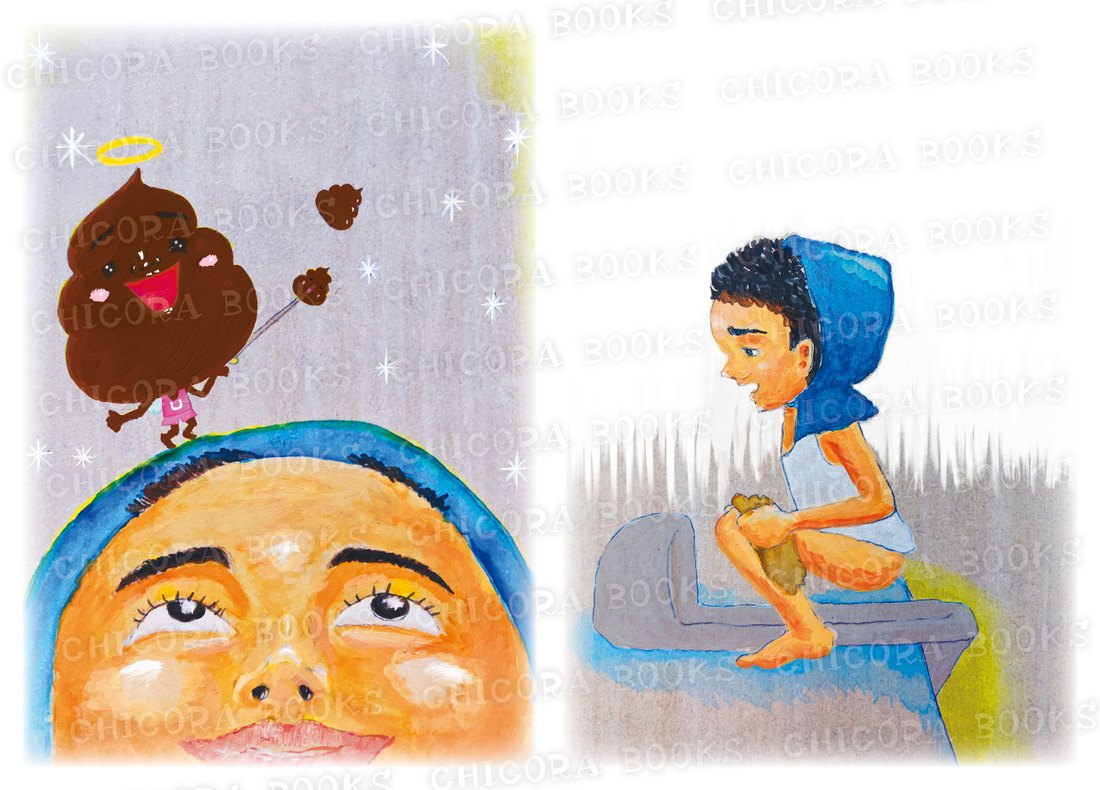 絵本『うんこのてんし』原画。少年の頭上に舞い降りる、天使の輪と羽をもつ「うんこのてんし」