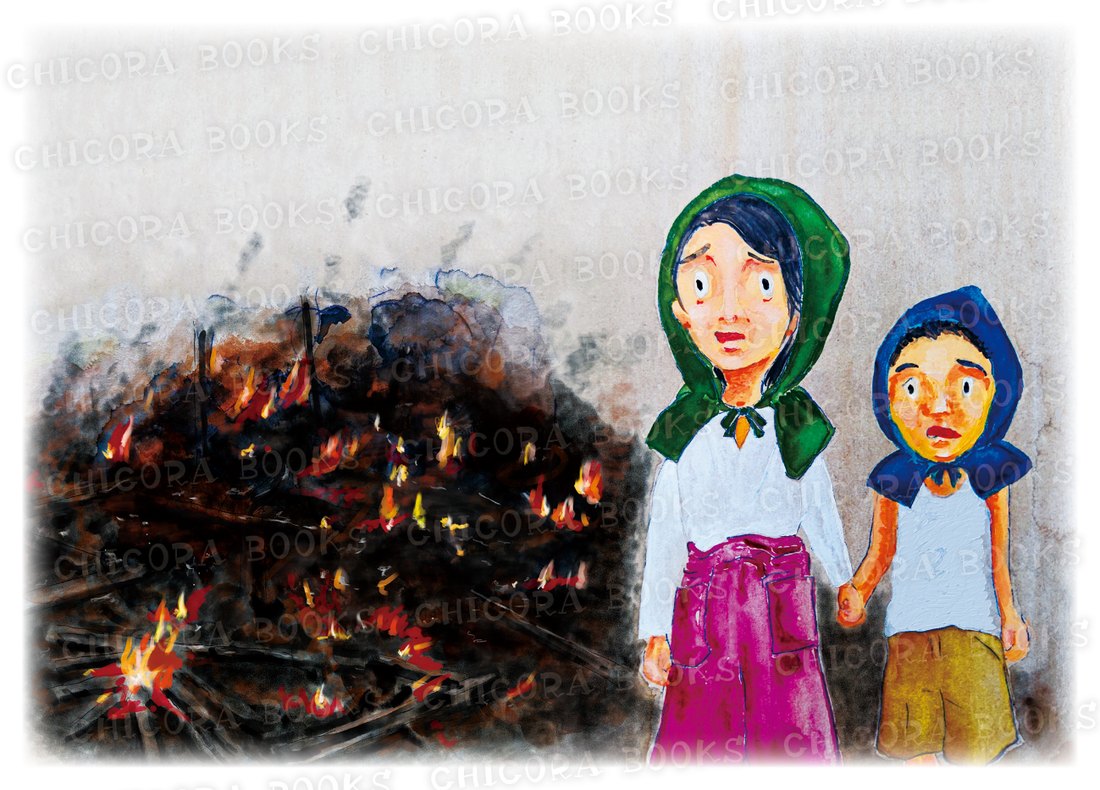 絵本『うんこのてんし』中面原画。焼け落ちてくすぶる家の前に立ちつくす、防空頭巾姿のふたりの子ども