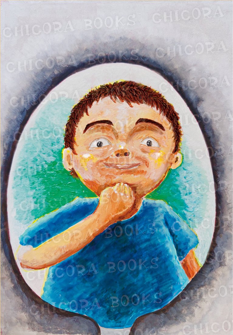 絵本『うんこのてんし』中面。生きていることにほっとして、思わずほほえむ少年の顔(文字なし原画)